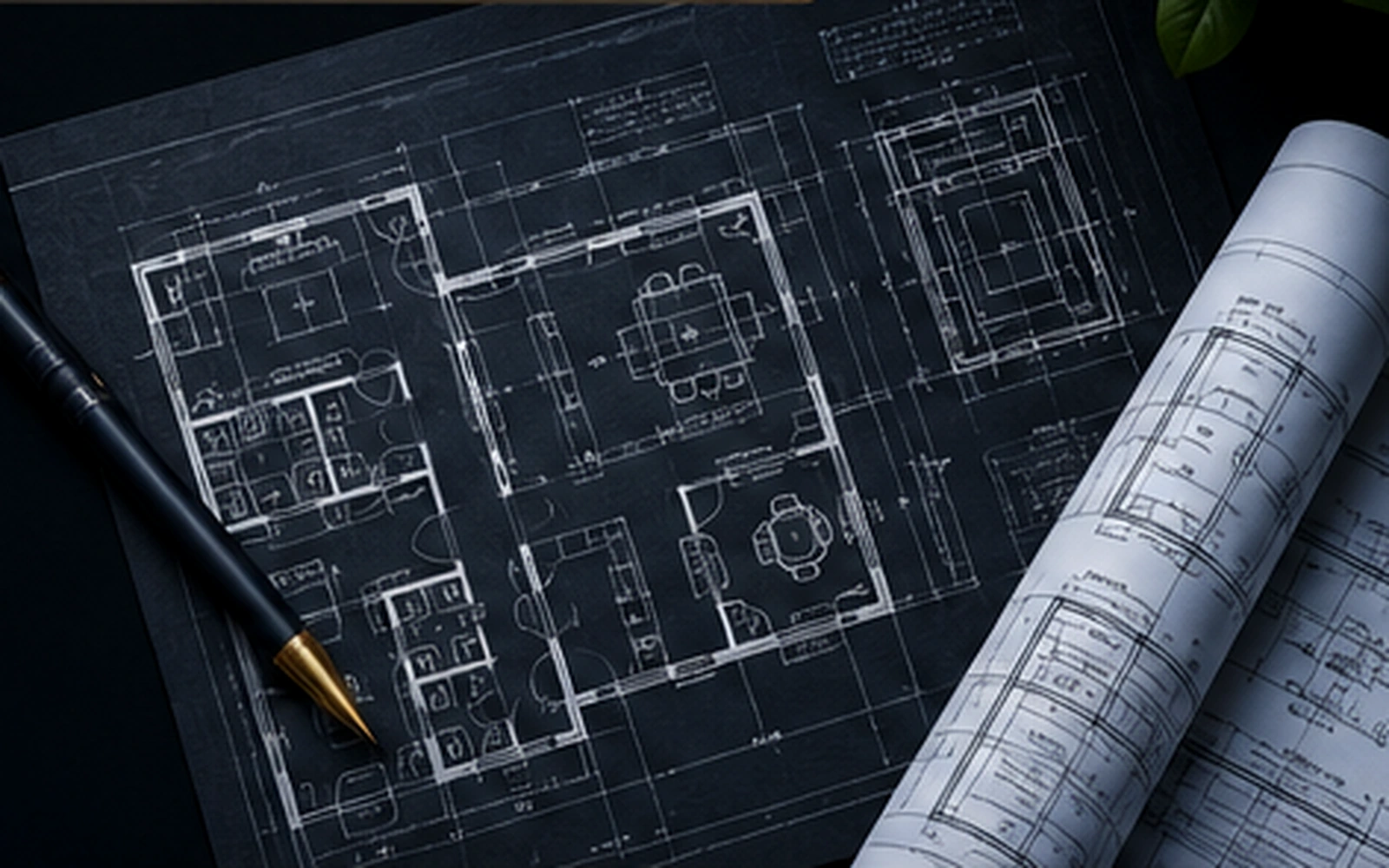 Architectural floor plans, drawing tools, and rolled blueprints arranged on a professional design desk