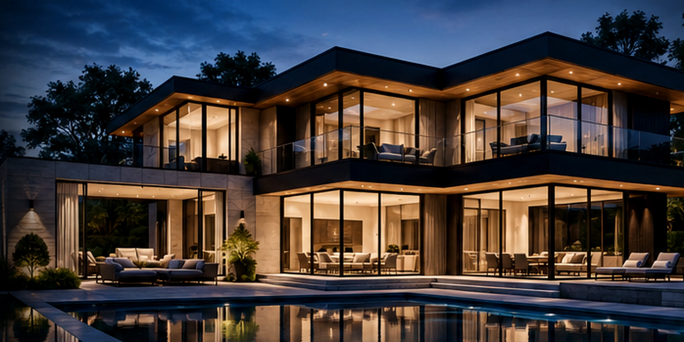 A dramatic modern luxury residence with floor-to-ceiling glass, warm architectural lighting, and a reflecting pool