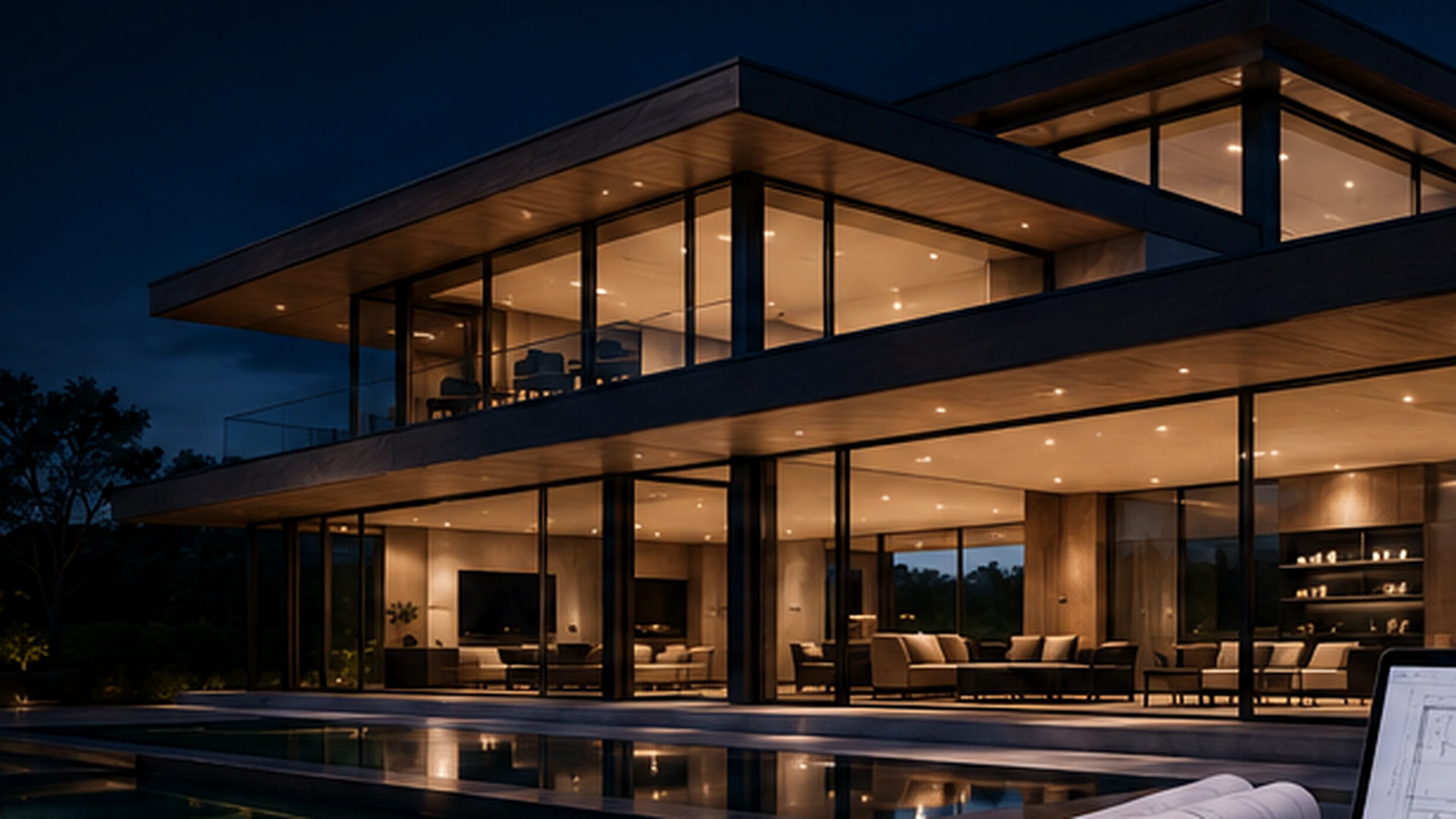 Modern glass residence illuminated at night with a reflecting pool