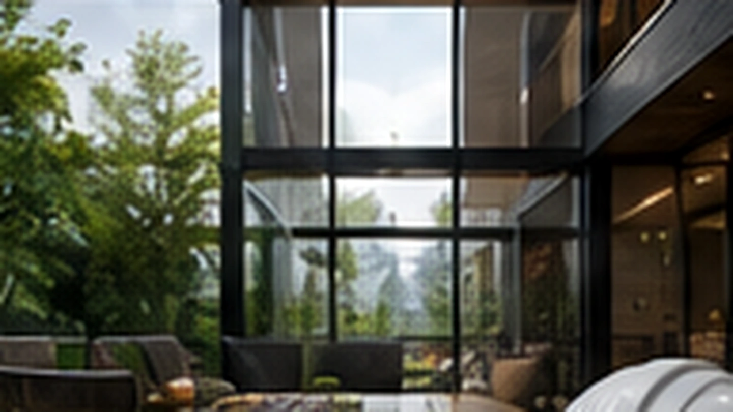 A refined development studio with plans and a hard hat overlooking a modern residence