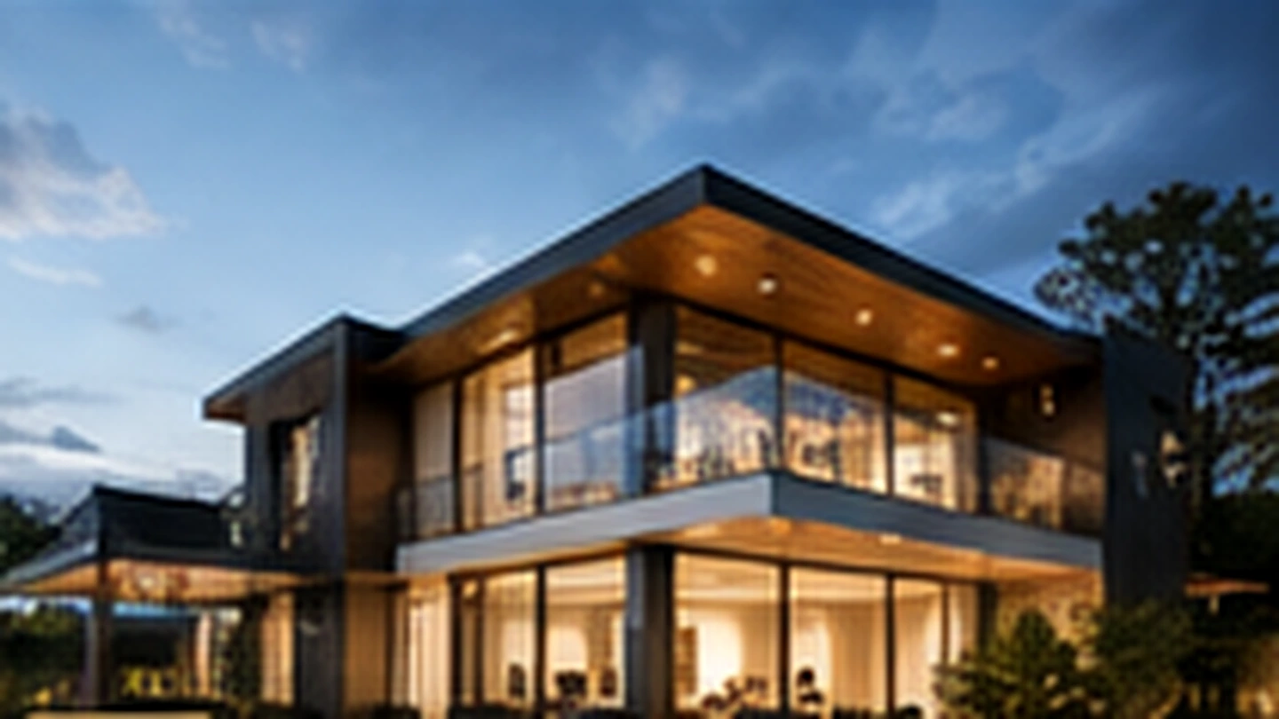 Contemporary new-construction residence with expansive glass and warm architectural lighting